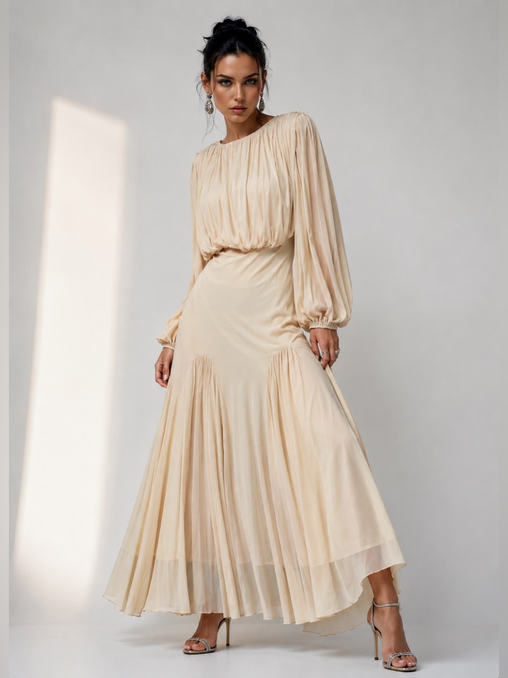 Miss Rosier NWT Elegant Cream Pleated Maxi Dress with Blouson Waist